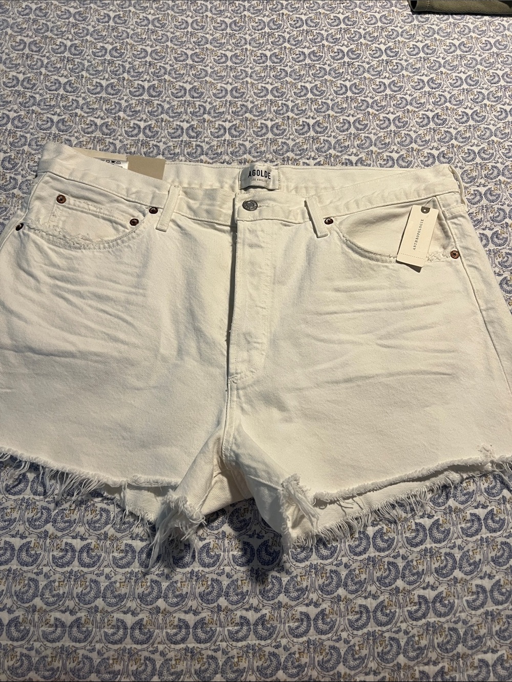 NWT Agolde Parker White High-Rise Frayed Cutoff Denim Shorts